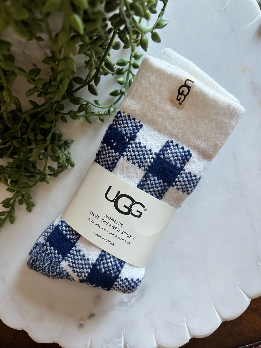 UGG Navy Cream Check Over-the-Knee Socks NWT
